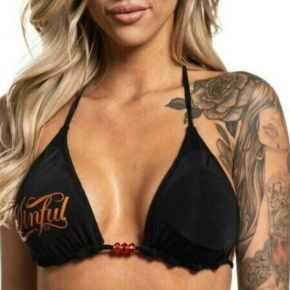 Sinful By Affliction Solar Reversible Tie Swim Top Beads M - Picture 2 of 11